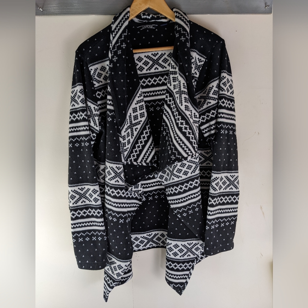 Lands' End Women's Fleece Cardigan Size 18 - XL, Open Front, Nordic, Black/White